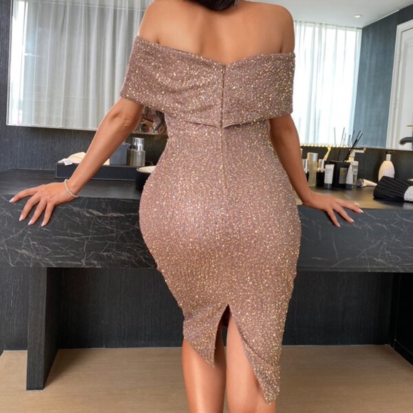 Grey Glitter Bodycon Off Shoulder Party Sexy Holiday Midi Dress - Picture 7 of 14